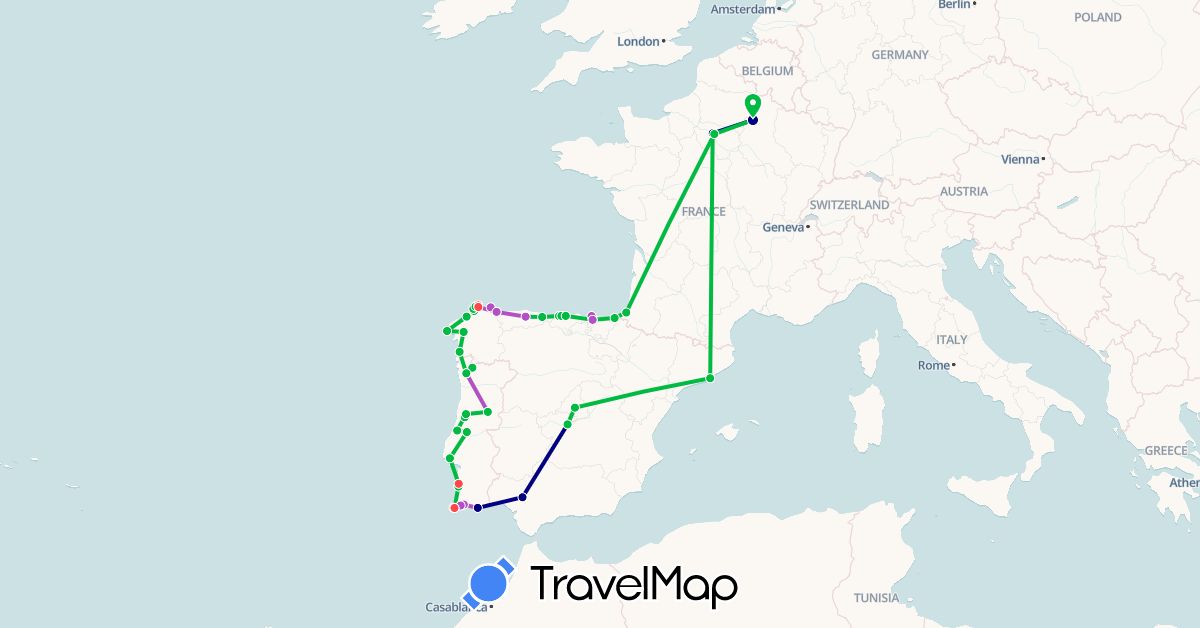 TravelMap itinerary: driving, bus, train, hiking in Spain, France, Portugal (Europe)